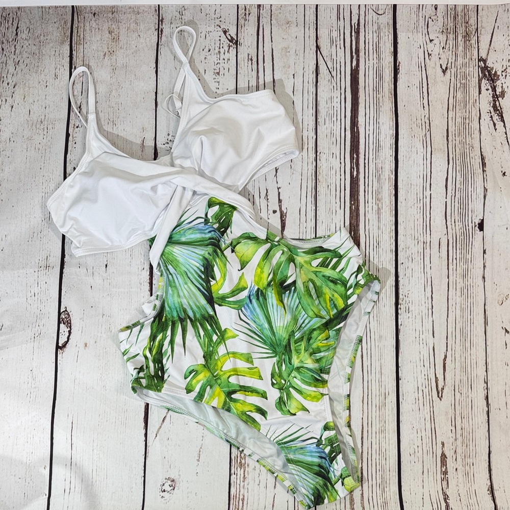 Edelqual White & Green Tropical Leaf Waist Cutout One-Piece Swimsuit Large
